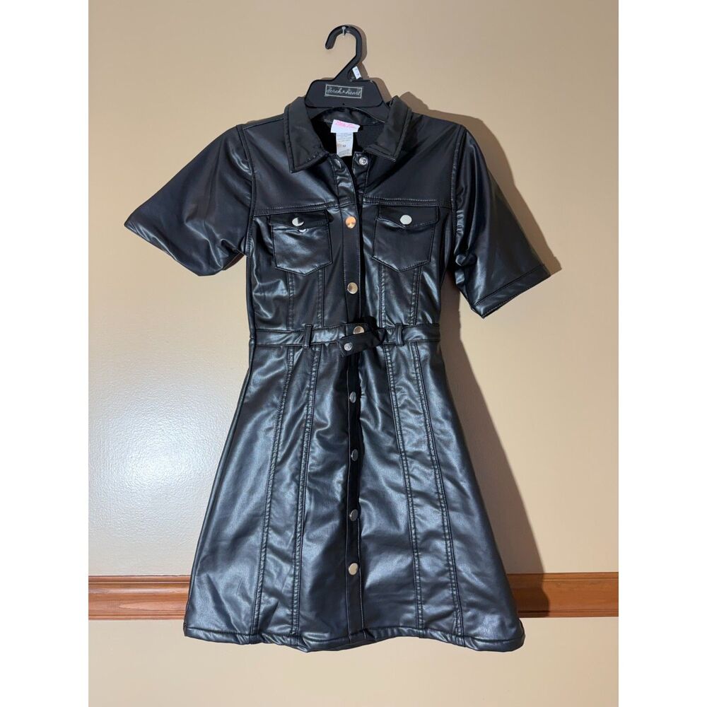 Little Lass Girls Black Faux Leather Shirt Dress Size 12